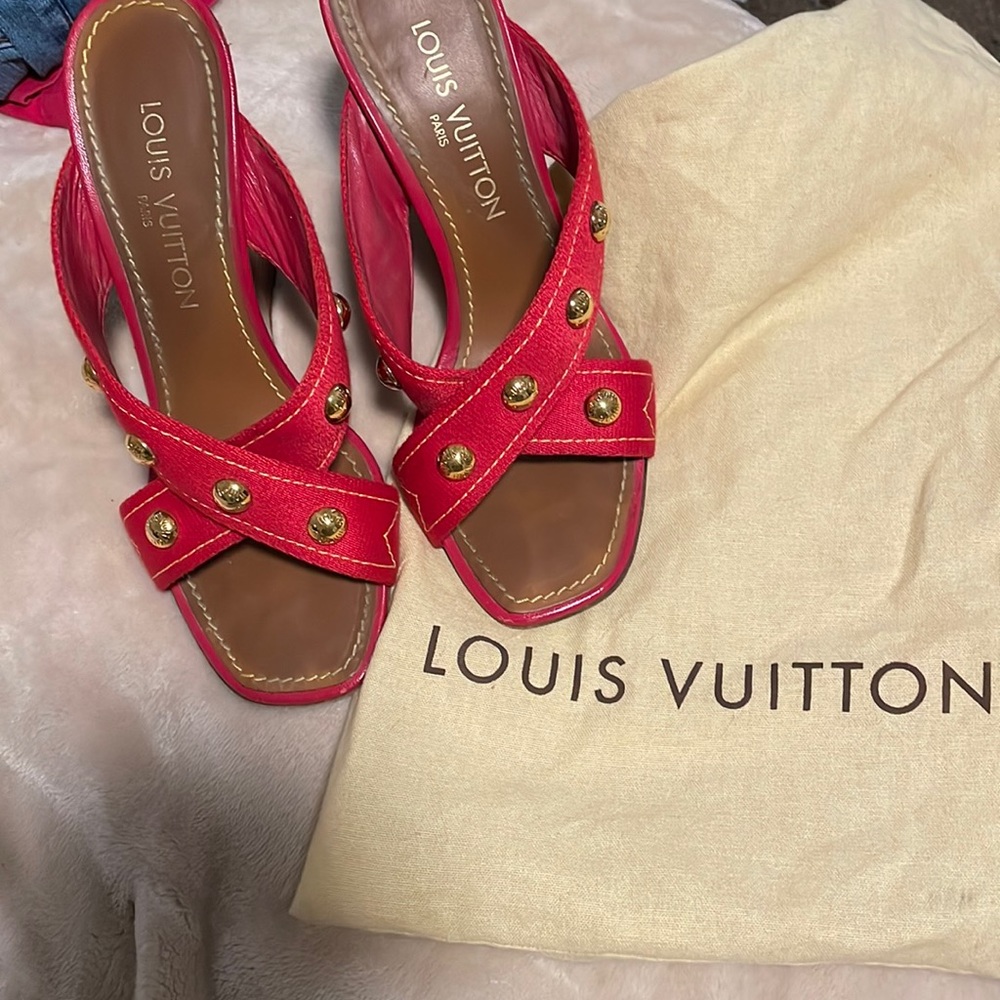 Louis Vuitton Canvas Studded Cross Strap Wedge Sandals